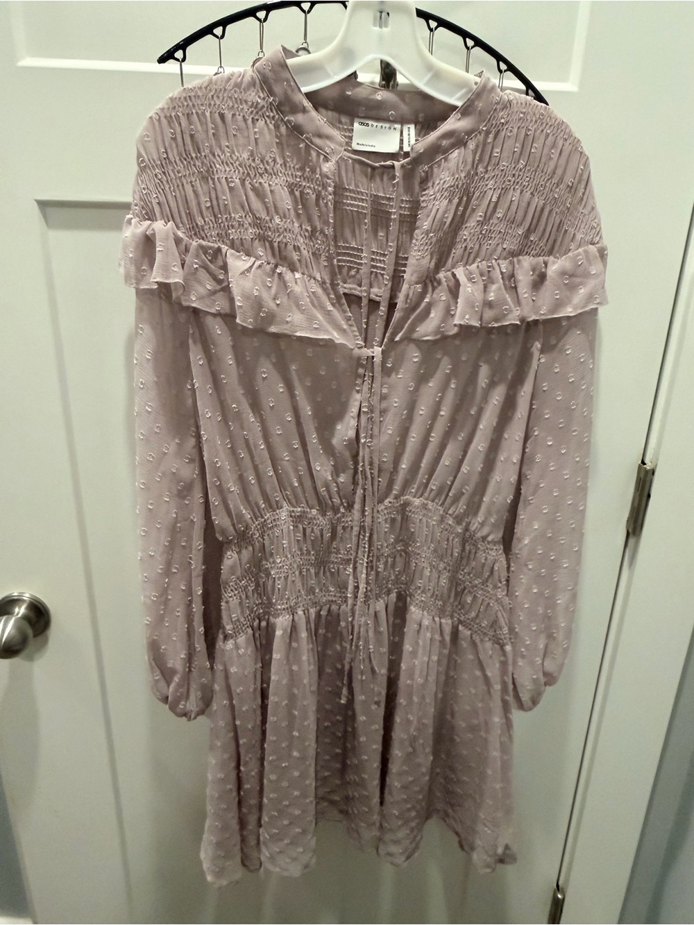 ASOS Design Mauve Dobby Ruffle Smocked Mini Dress US 6 Boho Romantic